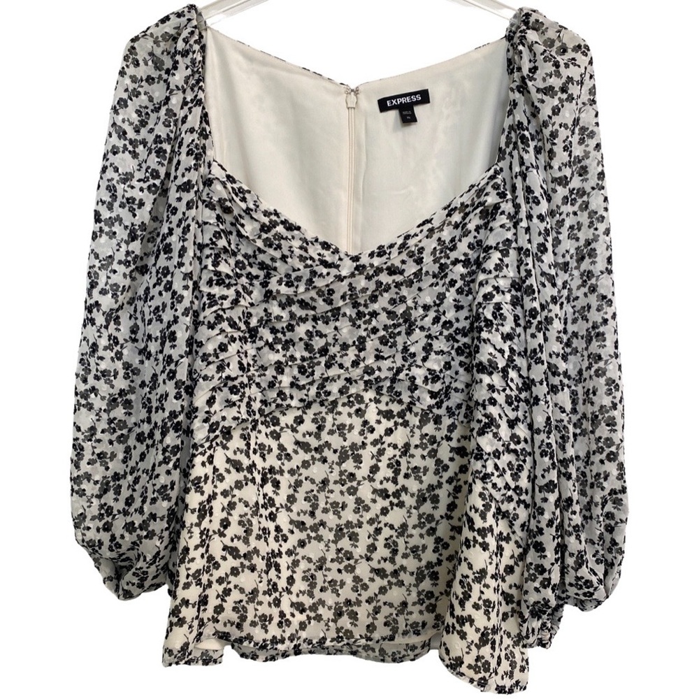 Express Black & White Floral Blouse Balloon Sleeves Back Zipper XL